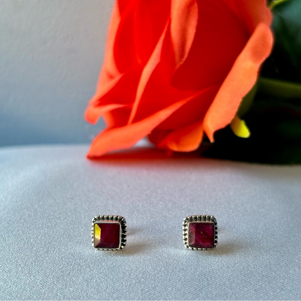 Sterling Silver Natural Ruby Bezel Set Earrings - image 6